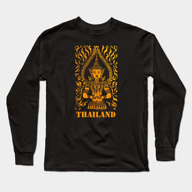 Ancient textured Thai classic gold textured angel mural from a very old Thai Buddhist temple with the word 'Thailand' underneath the image. Long Sleeve T-Shirt by Earthworx
